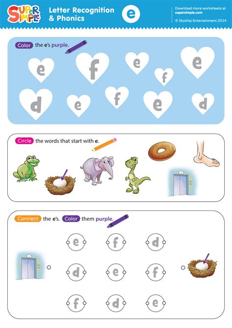 Letter Recognition And Phonics Worksheet E Lowercase Super Simple