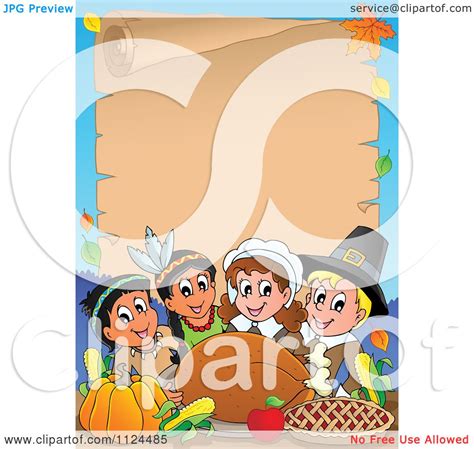 Cartoon Of Happy Pilgrims And Indians Sharing A Thanksgiving Feast And