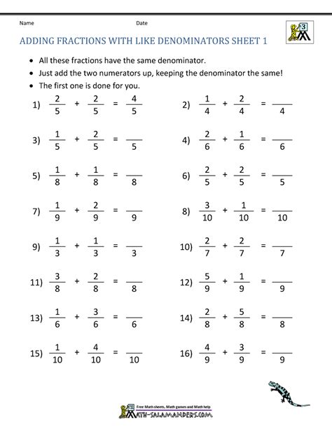 Adding Fractions With Like Denominators And Whole Numbers Worksheets