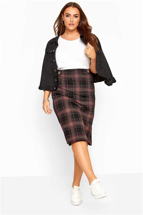 Black And Purple Check Button Midi Skirt Yours Clothing
