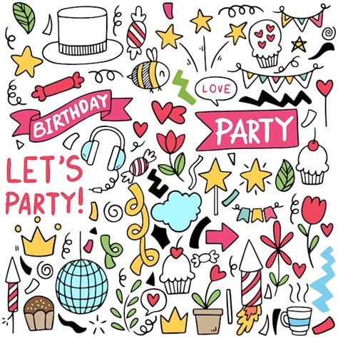 Premium Vector Hand Drawn Party Doodle Happy Birthday Ornaments Background Pattern