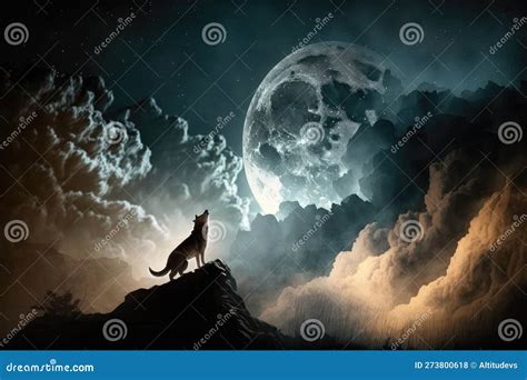 Full Moon With Werewolf Howling At The Sky In The Middle Of A Storm