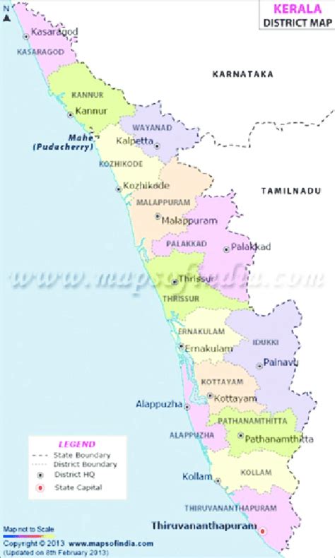 It is a narrow strip of coastal territory that slopes down the western ghats in a cascade of lush, green vegetation. Map of Kerala state showing the layout of its districts. | Download Scientific Diagram