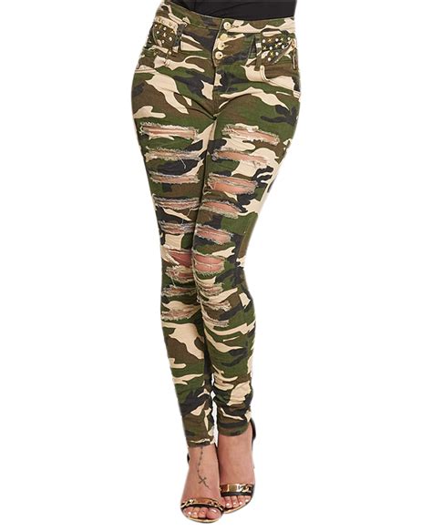 Women Extreme Ripped Camouflage Army Print High Waisted Skinny Slim Fit Jeans Ebay