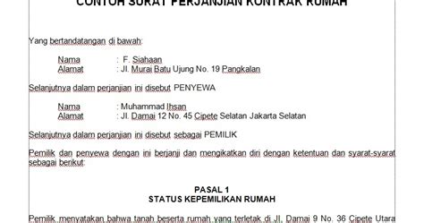 Kadang kala penyewa telah tanpa sengaja atau dengan sengaja menyebabkan peralatan di dalam rumah. Budidaya Burung: .doc CONTOH SURAT PERJANJIAN KONTRAK RUMAH