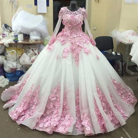 Buy Full Sleeve White Organza Pink Flowers Ball Gown