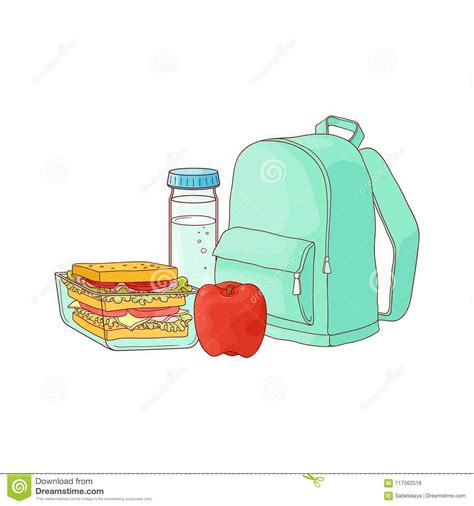 School Backpack And Food For Lunch Break Sandwich In Plastic Container Red Apple And Bottle