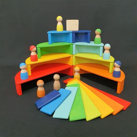 Wooden Rainbow Stacking Toy Set 34 Pieces Rainbow Building Etsy