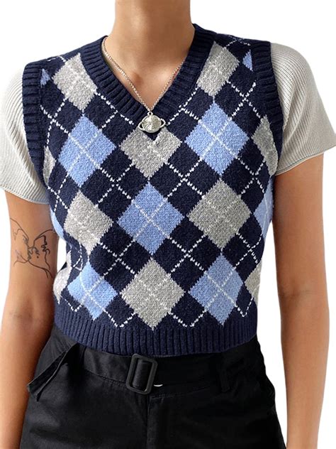Papasgix Women Waffle Plaid Knitted Sweater Vest Preppy Style V Neck Short Length Streetwear