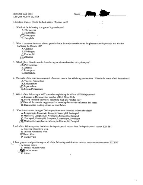 Lab Quiz 1 With Answer Key Human Anatomy And Physiology Ii Bsci 202