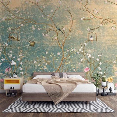 Vintage Chinoiserie Wallpaper With Birds Floral Ancient Wallpaper Non