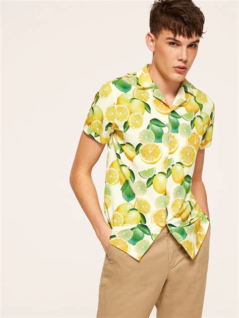 Men Allover Lemon Print Shirt Shein Printed Shirts Boy Shirt