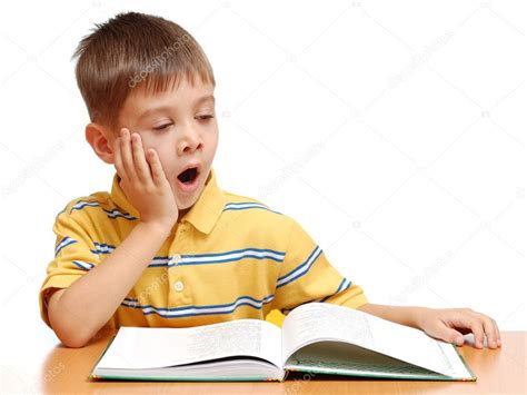 Boy Reading Book And Yawning Isolated On White Background — Stock Photo