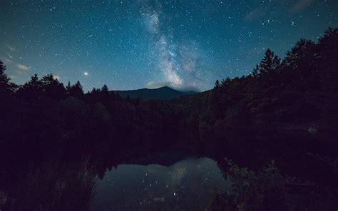 Lake Forest Night Milky Way Reflections Night Lake In Forest At
