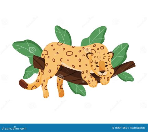 Cute Leopard Character Lying On Tree Branch Vector Illustration Stock