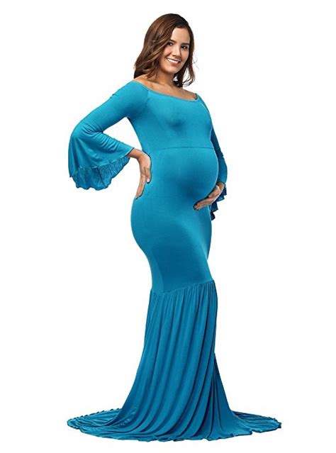 Dymade Womens Off The Shoulder Bell Sleeve Mermaid Gown Maxi Maternity Photography Dress