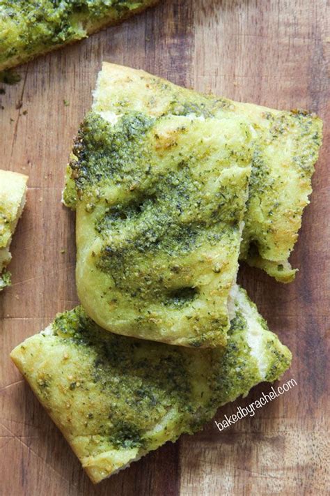 Homemade Focaccia Bread Topped Off With A Flavorful Basil Pesto Sauce