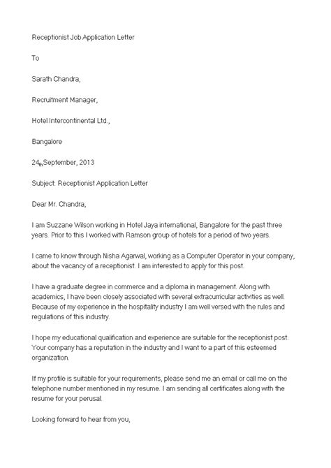 Receptionist Job Application Letter Example Templates At
