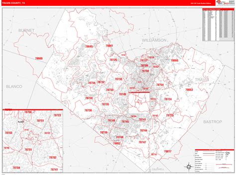 Travis County Tx Zip Code Wall Map Red Line Style By Marketmaps Mapsales