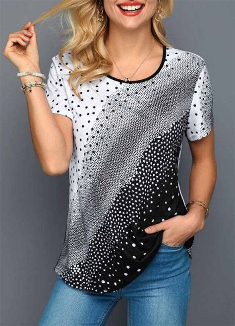 Short Sleeve Polka Dot Print Round Neck T Shirt In Dots Clothing