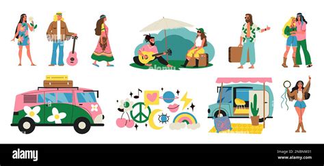 Hippie Flat Icons Set With Bohemian People And Subculture Symbols