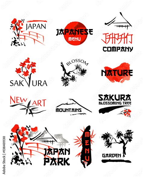 Vecteur Stock Logo Templates Set With Asia Landscapes Buildings And Blossoming Sakura Branches