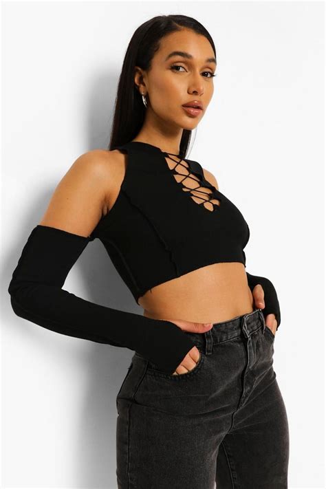 Lace Up Cold Shoulder Rib Crop Top Boohoo