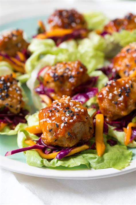 These butter chicken meatballs are going to blow your mind! Asian Chicken Meatball Lettuce Wraps with Mango Slaw ...