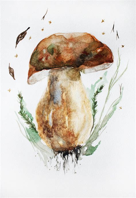 Original Watercolor Painting Of Mushroom Wild Mushroom Botanical