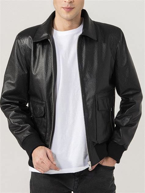 Mens Shirt Style Collar Black Leather Jacket Mens Bomber Jacket