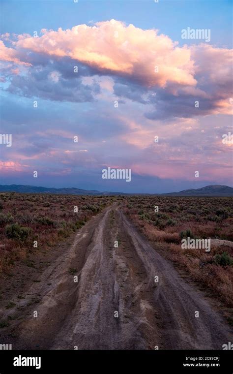 Dirt And Gravel Road Crossing The Northern Nevada Desert Under A
