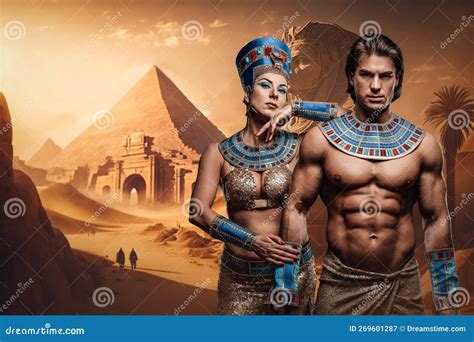 Elegant Female Pharaoh And Topless Man In Ancient Egypt Stock Image Image Of Antique Pharaoh