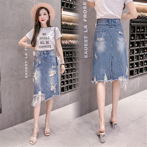 China New Fashion Lace Ripped Denim Skirts Women Summer Long Jeans Skirts High Waist Casual Plus