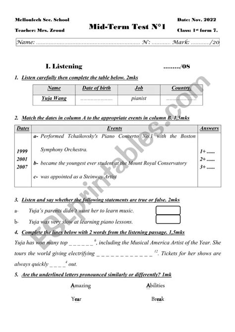 Mid Term Test 1st Form Esl Worksheet By Rajaa03