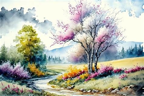Premium Photo Watercolor Spring Landscape Painting Trees Bloom Meadow