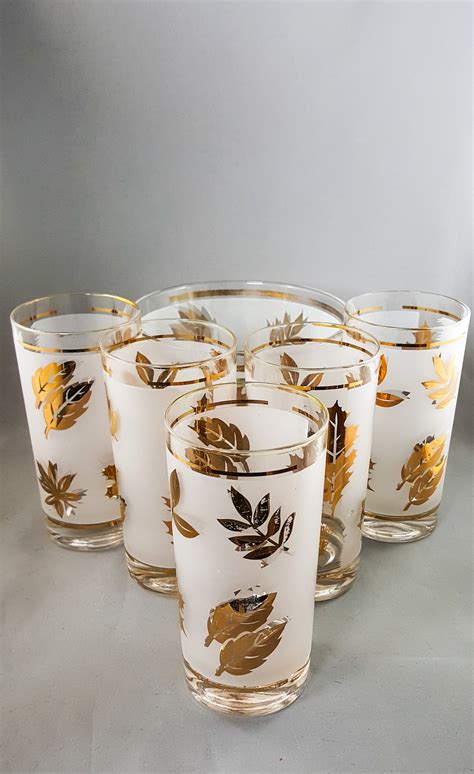 8 Vintage Libbey Glasses Gold Leaf Foil Frosted Leaf Motif Retro