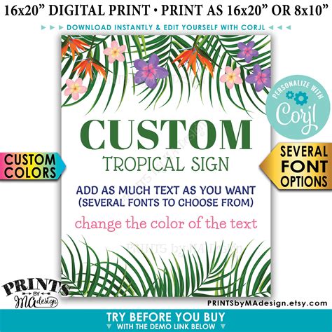 Custom Tropical Sign Choose Your Text And Colors Palm Trees And Flowers