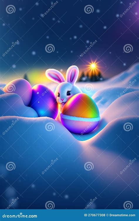 Easter Bunny In The Snow Behind Vibrant Easter Eggs Stock Photo