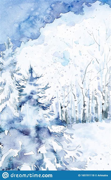 Winter Colorful Snow Forest Landscape With Christmas Trees And Birches