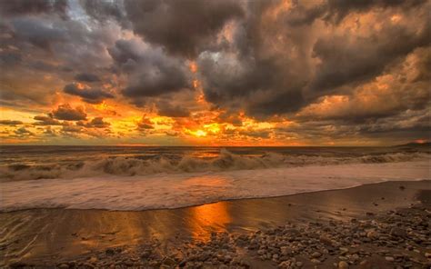 Download Horizon Wave Sea Ocean Sky Dark Cloud Nature Sunset Hd Wallpaper