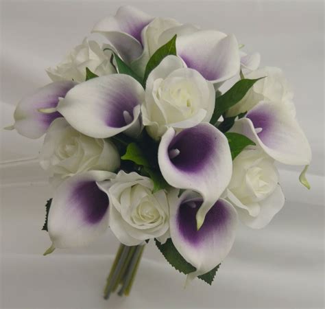 Silk Wedding Bouquet Latex White Purple Picasso Calla Lily