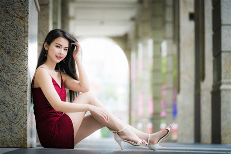 4k asian brunette girl smile dress legs sitting glance beautiful hd wallpaper rare