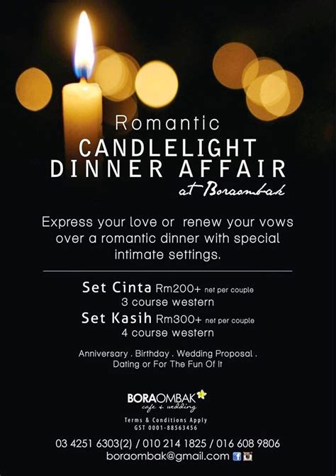 1,064 dinner candle light products are offered for sale by suppliers on alibaba.com, of which chandeliers & pendant lights accounts for 2%, holiday lighting accounts for 1%, and table lamps & reading lamps accounts for 1%. EAT HERE: CANDLE LIGHT DINNER AT BORA OMBAK, AMPANG ...