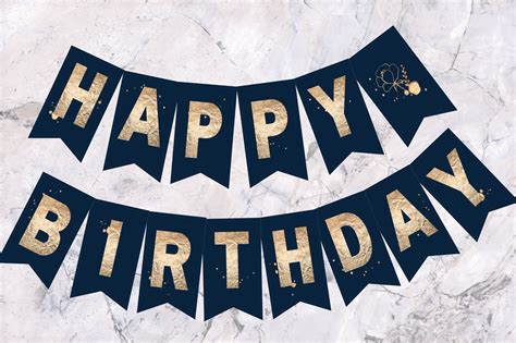 Happy Birthday Banner Instant Download Navy Blue And Gold Etsy