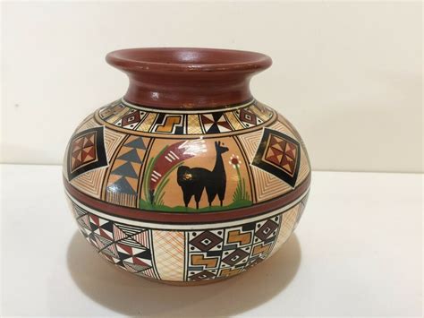 Vintage Cuzco Peru Ceramic Handpainted Vase Pot 5 1 4 Tall X 6 1 2