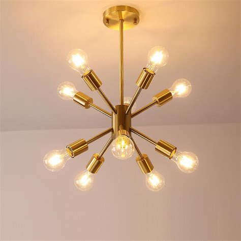 Mid Century Modern 10 Light Sputnik Chandelier In Brushed Brass