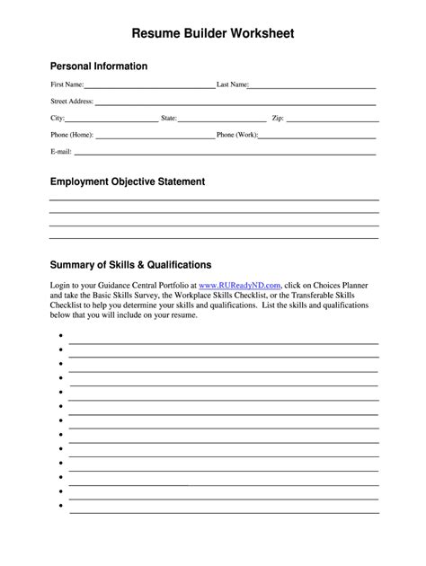 Printable Resume Worksheet Fill Online Printable Fillable Blank