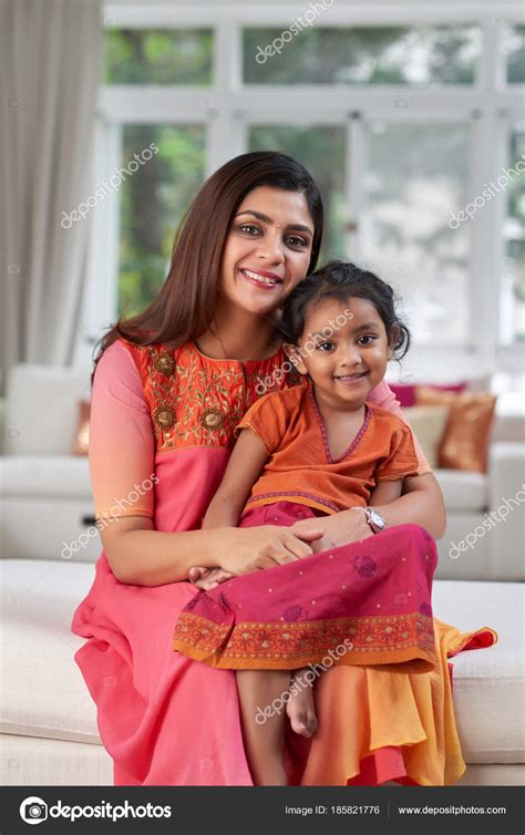 Hapy Indian Mother Her Little Daughter Wearing Traditional Clothes