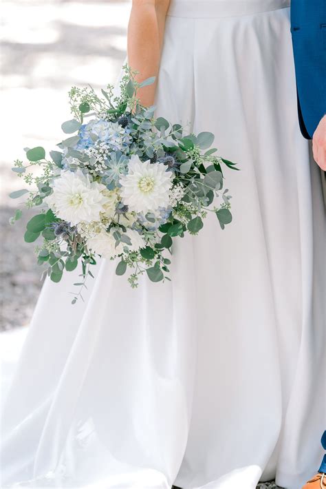Dusty Blue And White Wedding Bridal Bouquet With Cascading Eucalyptus