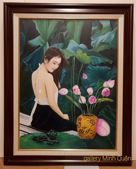 Mua Tranh Vẽ Sơn Dầu Nghệ Thuật Thiếu Nữ Bên Bình Hoa Sen Tại Gallery Minh Quân